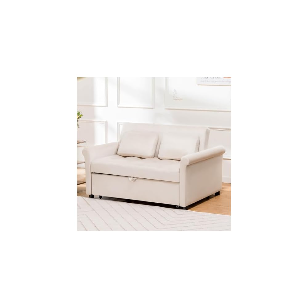 COMHOMA Convertible Sofa Bed,55" Sleeper Sofa Bed, 3-in-1 Pull Out Couch Bed with Reclining Backrest and Pillows, Full Convertible Sleeper Loveseat for Living Room (White)