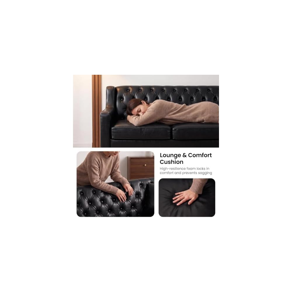103" L-Shaped Sectional Sofa, Faux Leather Chesterfield Sofa, 6-Seat Black