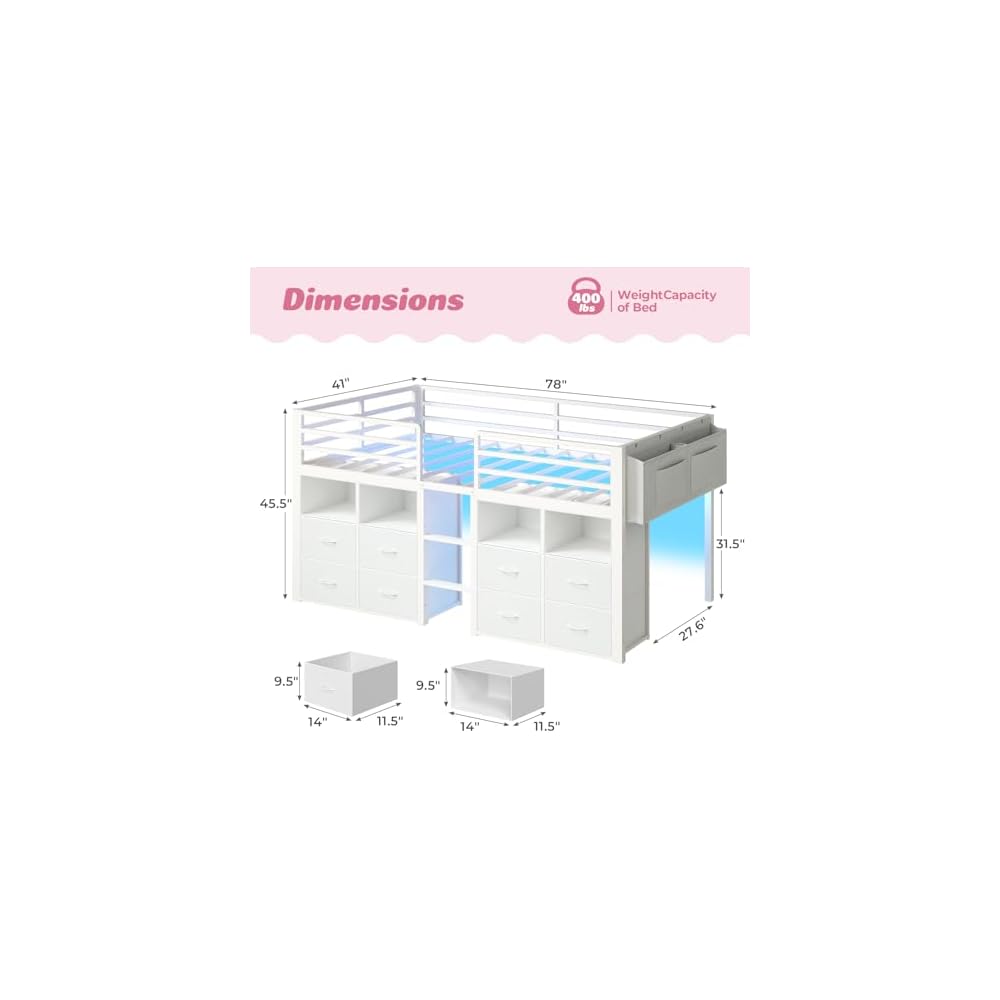 ADORNEVE Low Loft Bed Twin Size with 8 Storage Drawers for Kids, White