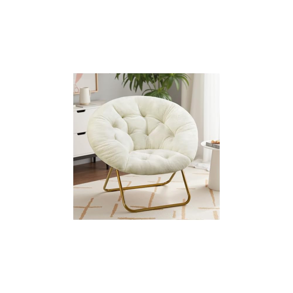 Sweetcrispy Saucer Chairs, Comfy Folding Cozy Faux Fur Living Room Reading Lounge Chair with Soft Thick Padded Seat & Metal Frame Modern Style Bedroom Home Dorm for Kids Adults, X-Large - Peach
