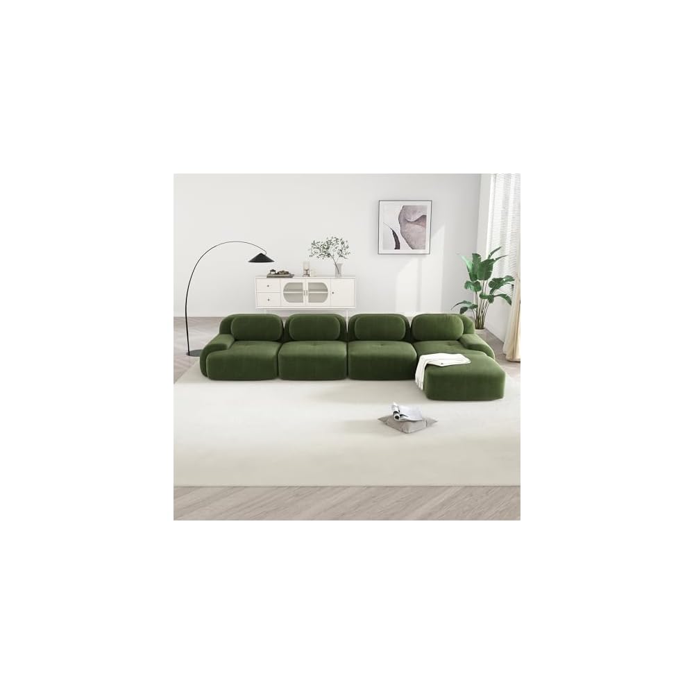 Modular Sectional Sofa Boneless Couch, Cloud Sectional Couches for Living Room, Oversized L Shaped Couch with Deep Seat and Ottoman, Comfy Corduroy Upholstery Green Couches, No Assembly(4S+1O)