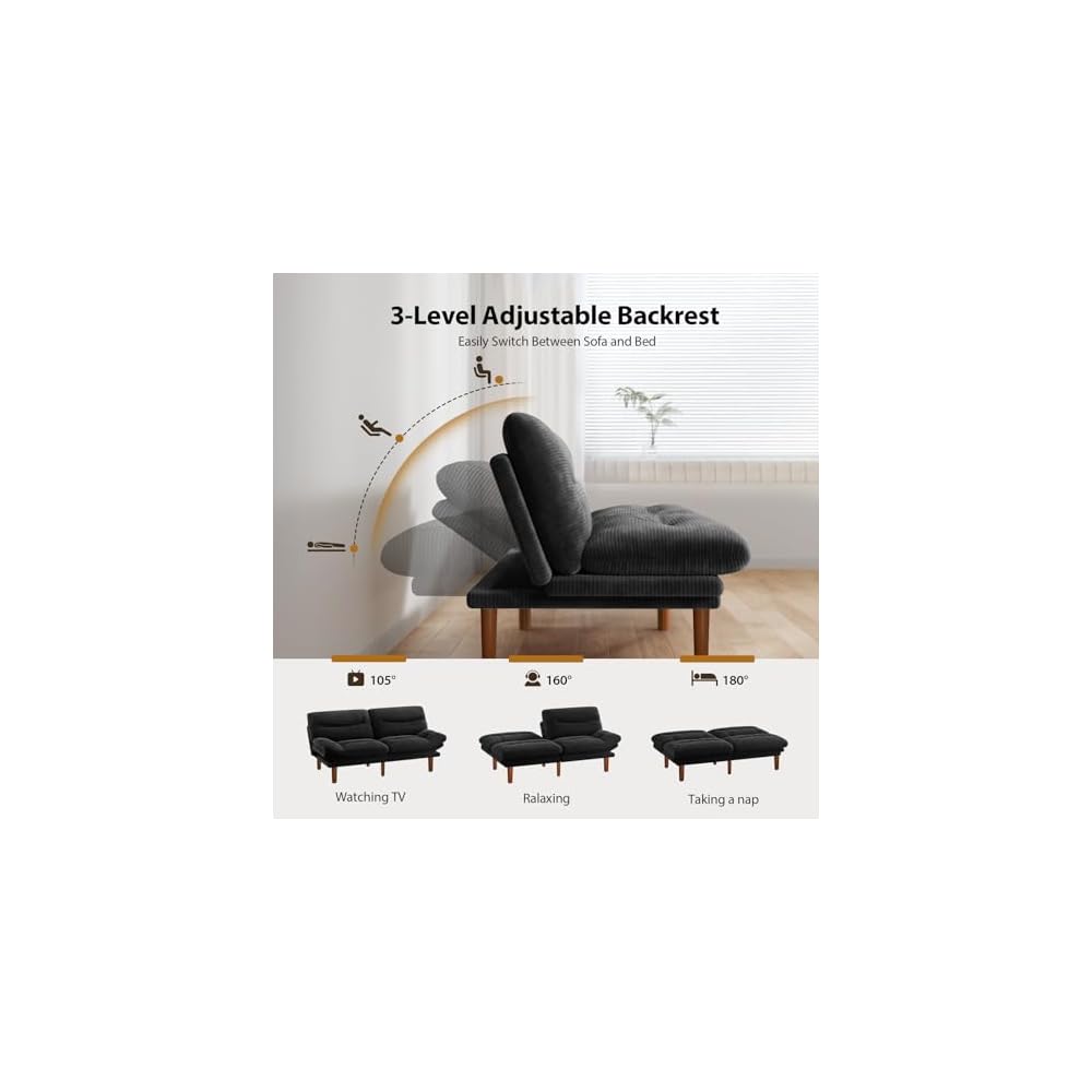 Pipishell 66" Futon Sofa Bed, Convertible Corduroy Space-Saver Couch with Adjustable Back & Armrests, Recliner Sleeper for Small Apartments, Office, Guest Room (Black)