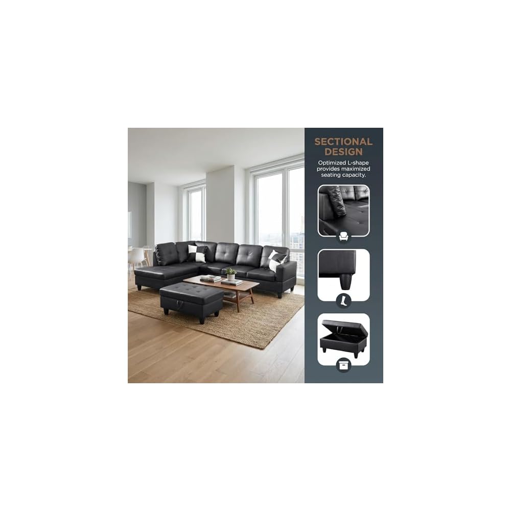 103.5" Modular Leather Sectional Sofa, 4-Seat L-Shaped Couch with Chaise & Storage Ottoman, 3-Piece Convertible Living Room Furniture Set for Apartment Office, Black