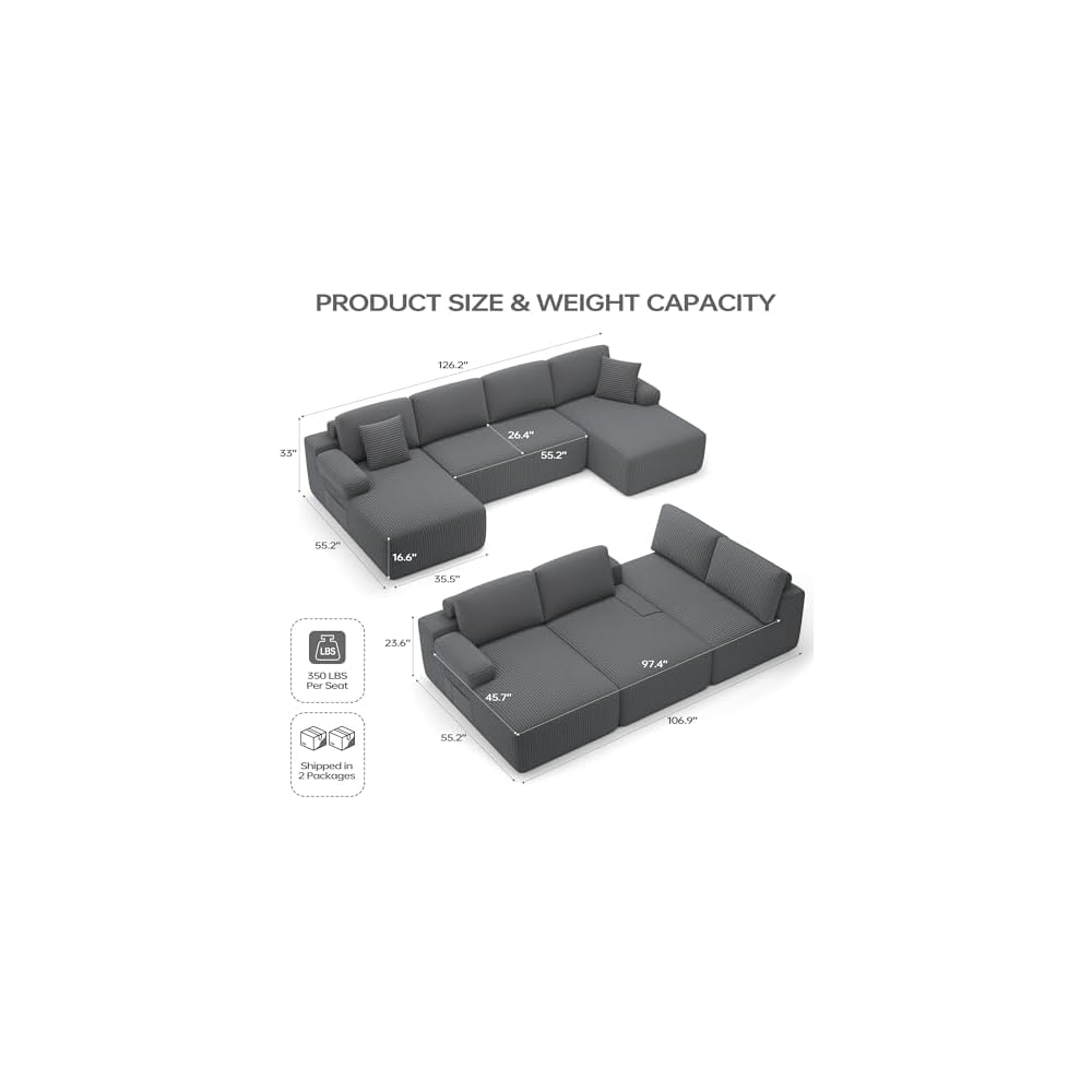 126" Boneless Sectional Couch, U-Shaped Modular Sofa with Chaise, Gray