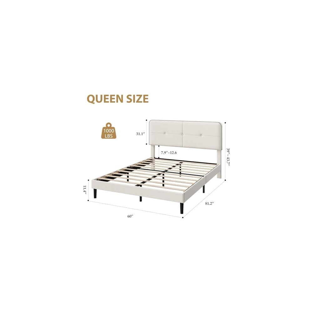 IDEALHOUSE Queen Size Platform Bed Frame with Velvet Headboard, White