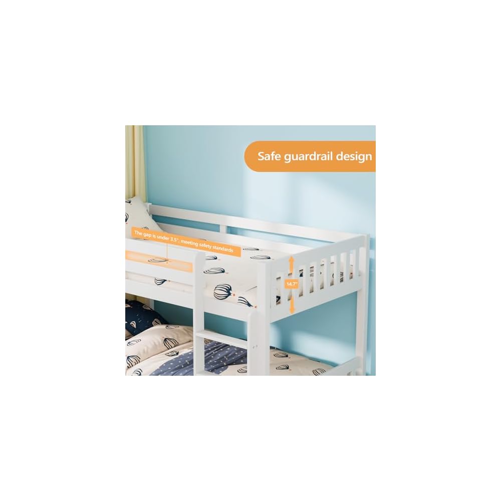 JOYMOR Solid Wood Low Twin Over Twin Bunk Bed for Kids/Junior, Bunk Bed Frame with Guardrails & Ladder for Boys Girls, No Box Spring Needed (White)