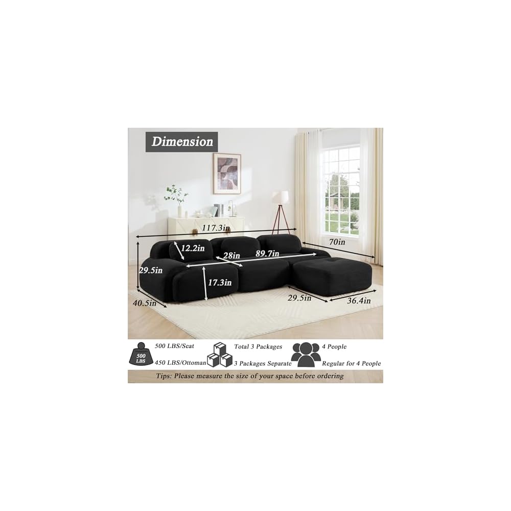 Modular Sectional Sofa Boneless Couch, Cloud Sectional Couches for Living Room, Oversized L Shaped Couch with Deep Seat and Ottoman, Comfy Corduroy Upholstery Black Couches, No Assembly(3S+1O)