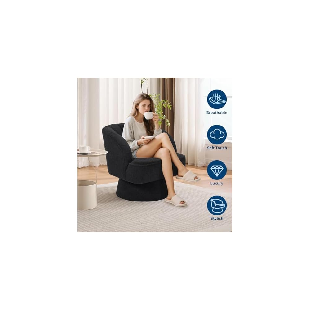 Set of 2 Modern Teddy Fabric Swivel Barrel Chairs, 360° Rotating Lounge Armchairs with Striped Backrest and Soft Cushion, Comfy Accent Chairs for Living Room, Bedroom, or Reading Nook, Black