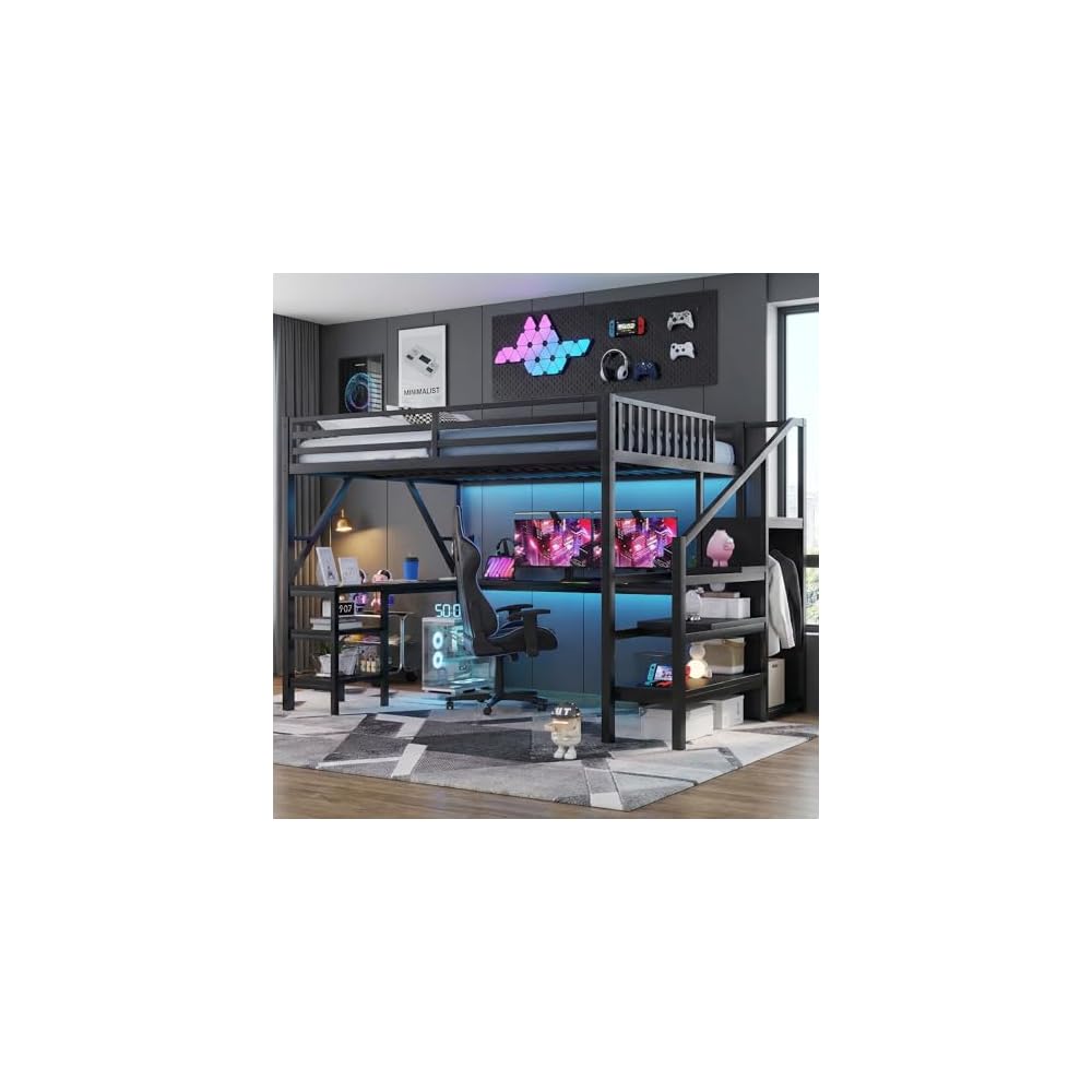Queen Size Loft Bed with Desk and Stairs,Metal Gaming Loft Bed Queen with Wardrobe and Shelf, High Loft Bed with LED & USB Charging Station for Teens, Adults, Space Saving Design,Black