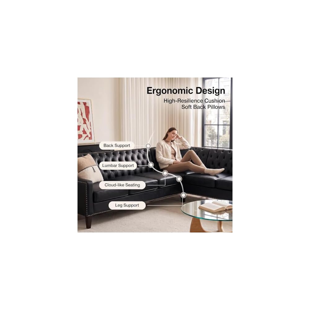 103" L-Shaped Sectional Sofa, Faux Leather Chesterfield Sofa, 6-Seat Black