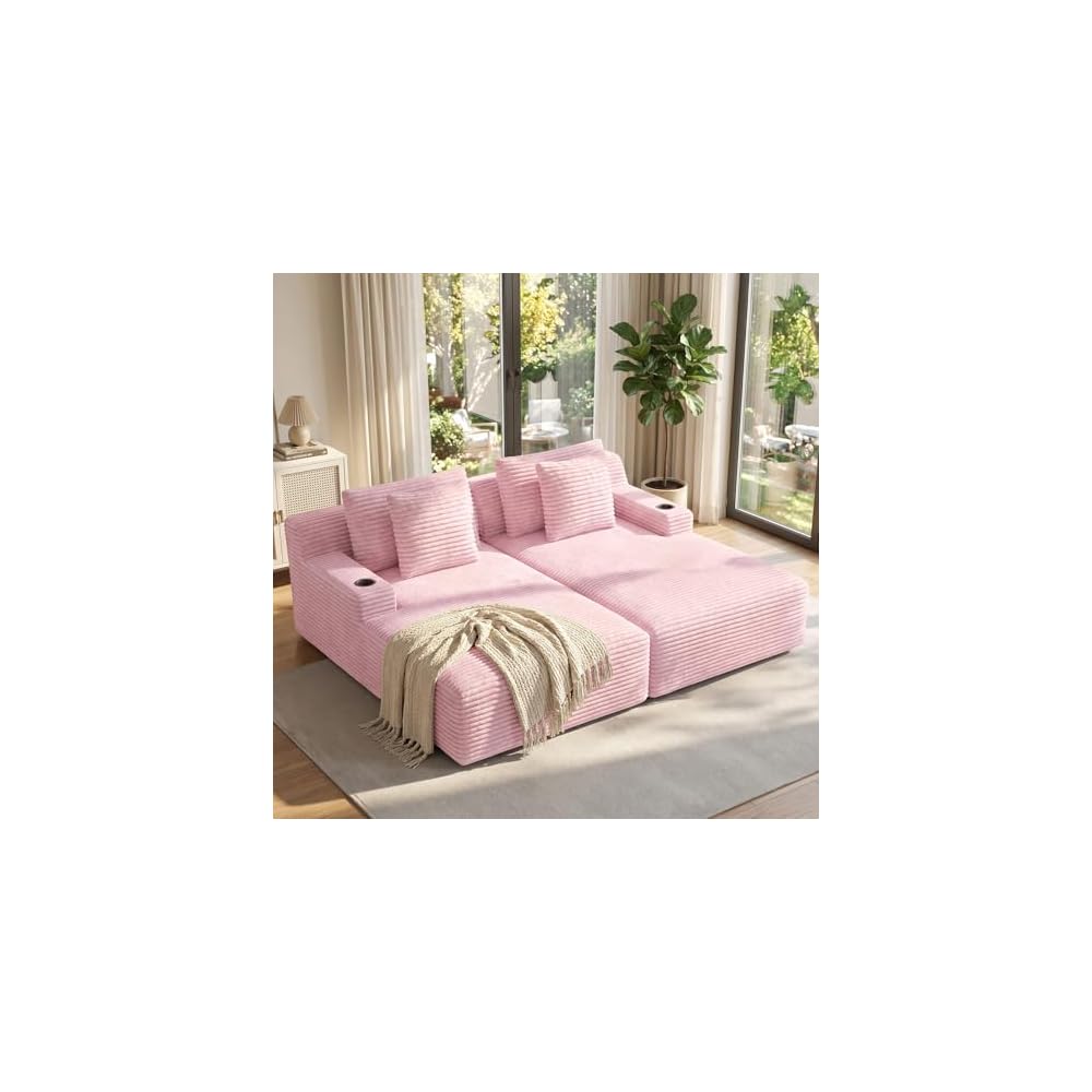 80'' Double Chaise Lounge Chair Indoor, Sofa with Cup Holders 4pcs Pillows