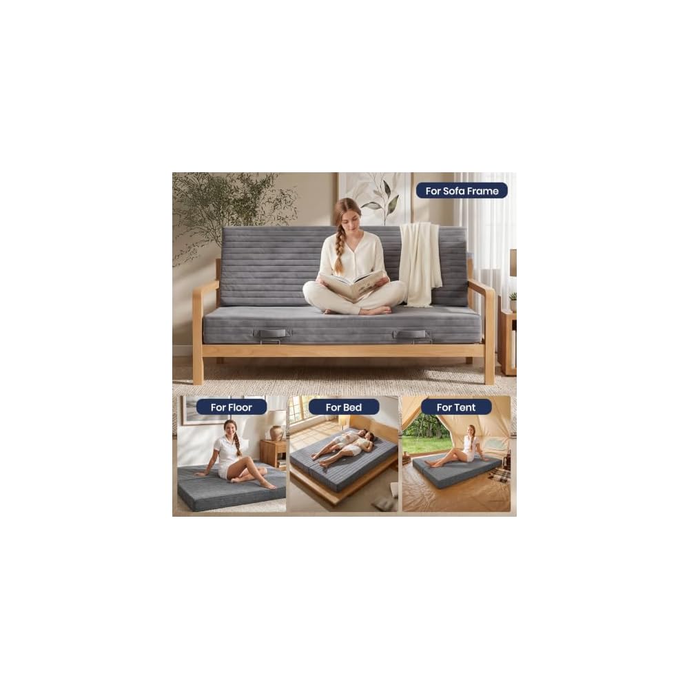 6 Inch Futon Mattress Full Size, Foldable Futon Floor Sofa Bed with Soft Thick Quilted Cover- High Resilience Foam Filling for Home, Guest Room, Dorm, Grey (Frame Not Included)