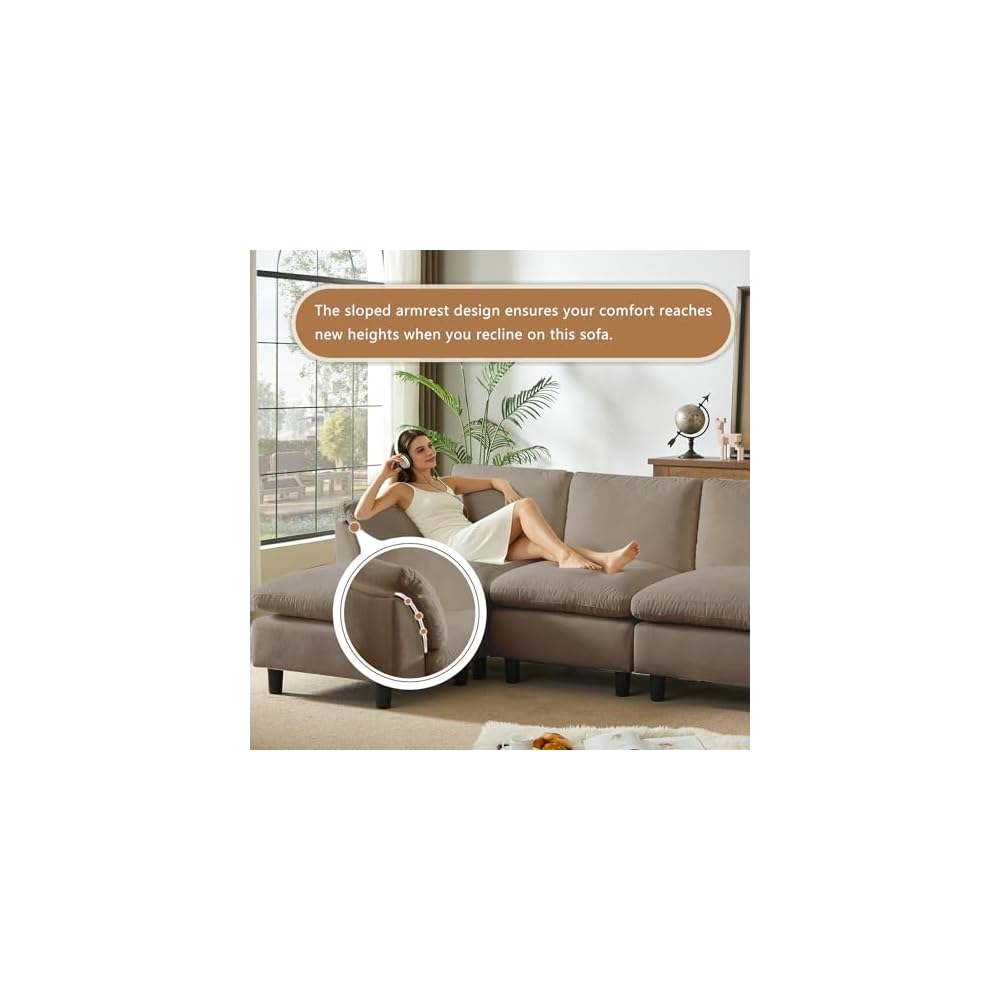 87" Convertible Sectional Sofa Couch,3 Seat L Shaped Sofa with Removable Ottoman,Comfy Chenille Fabric Small Cloud Couch for Living Room, Apartment and Office(Brown)
