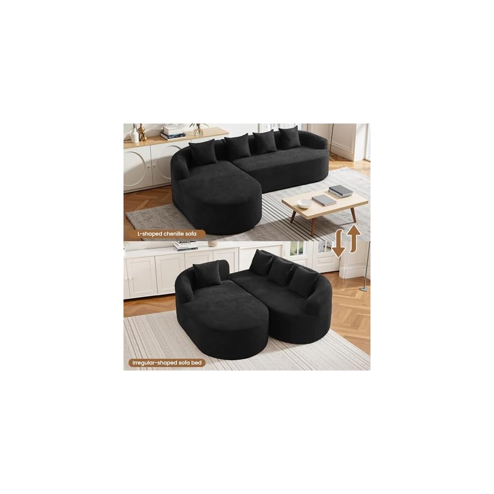 105" Boneless L Shaped Sectional Couch, Curved Cloud Deep Seat Sofa with Chaise Lounge, Oversized 4 Seater Couches for Living Room, No Assembly, Chenille Black