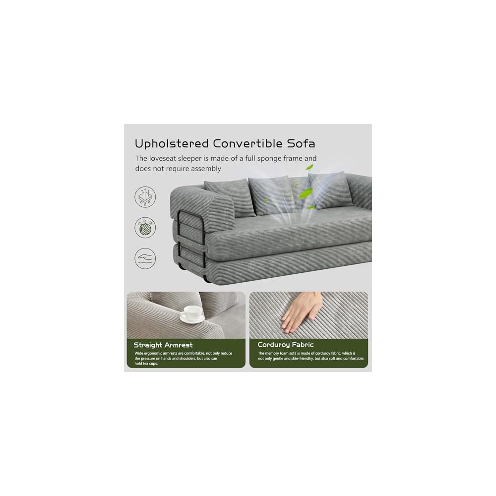 HAOBO Home Convertible Sofa Bed Compression Sofa with Armrests and Backrest Corduroy Sleeper Sofa Bed with 3 Pillows Modular Sectional for Living Room, Bedroom, Lounge, Studio