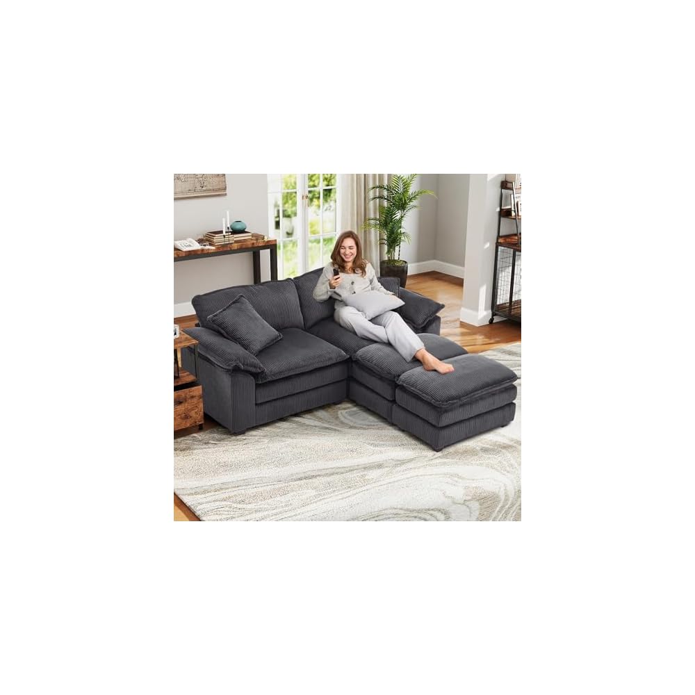 84.6'' Modular Sectional Sofa for Living Room, Comfy Corduroy Double Layer Upholstered Loveseat Sofa, Sleeper Sofa Cloud Couch with Moveable Ottoman, 2 Pillows and Detachable Armrest, Grey