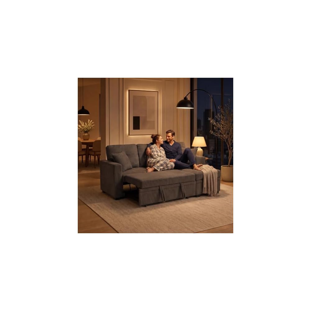 71" L-Shaped Couch with Pull-Out Bed, Linen-Look Fabric, Brown
