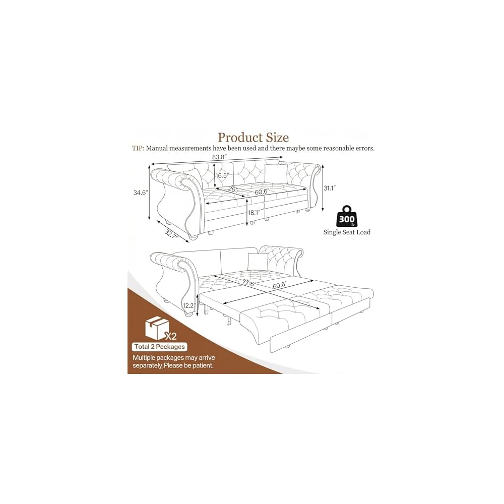 83.8" Queen Size Sleeper sofa bed, 3-in-1 Convertible Oversized Chesterfield Pull Out Couch, Roll Arm Velvet Couch with Flower Tufting, Upholstery for Living Room/Bedroom/Apartment, Light Grey