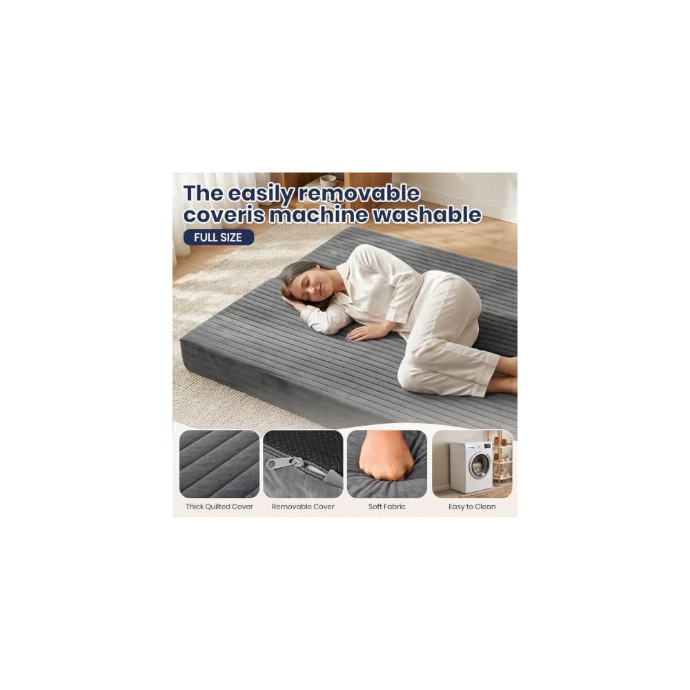 6 Inch Futon Mattress Full Size, Foldable Futon Floor Sofa Bed with Soft Thick Quilted Cover- High Resilience Foam Filling for Home, Guest Room, Dorm, Grey (Frame Not Included)