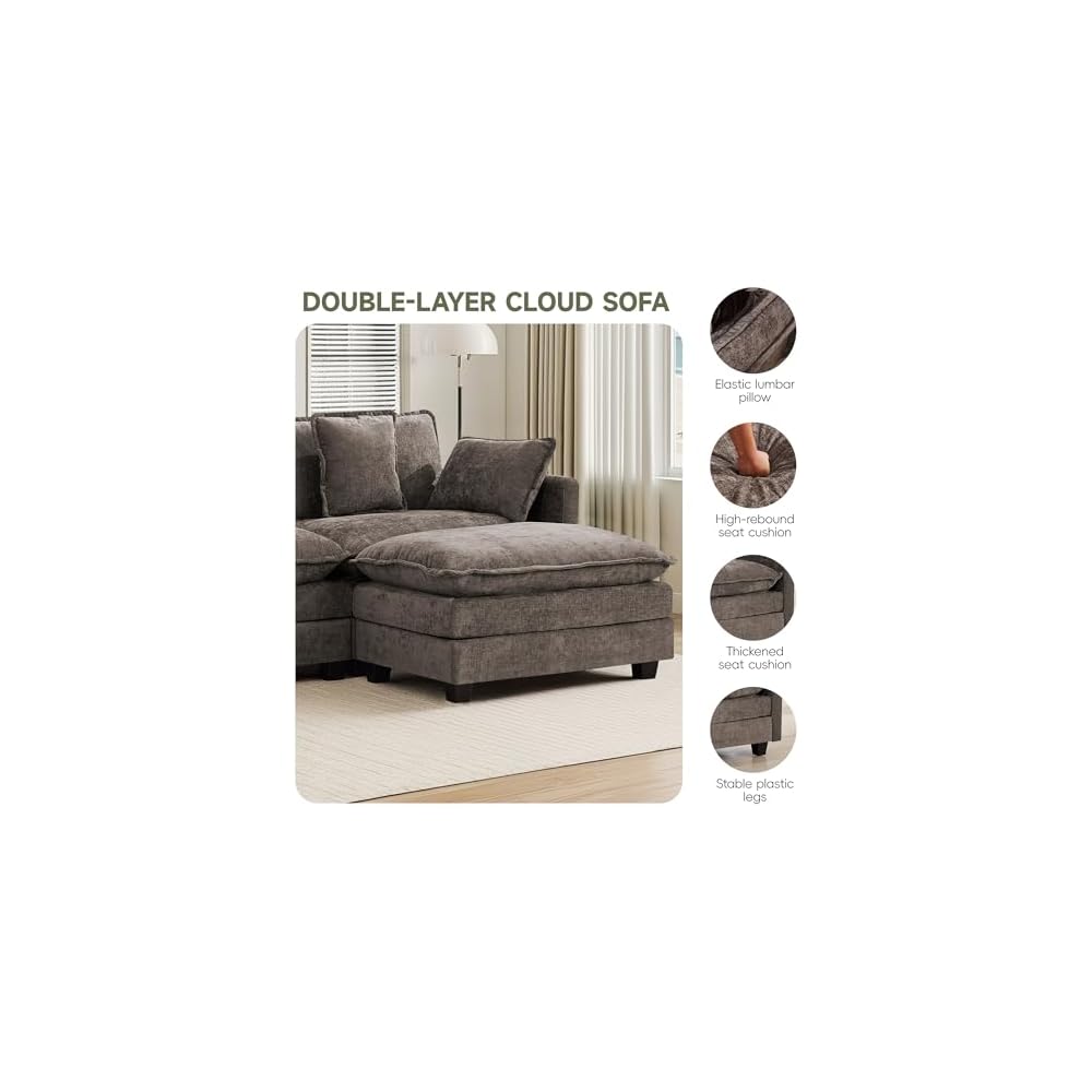 3-Seater Cloud Couch with 2 Ottomans, Oversized Modular Sectional U Shaped Sofa with Deep Seat Cushions, Comfy Chenille Couch for Living Room, Brown
