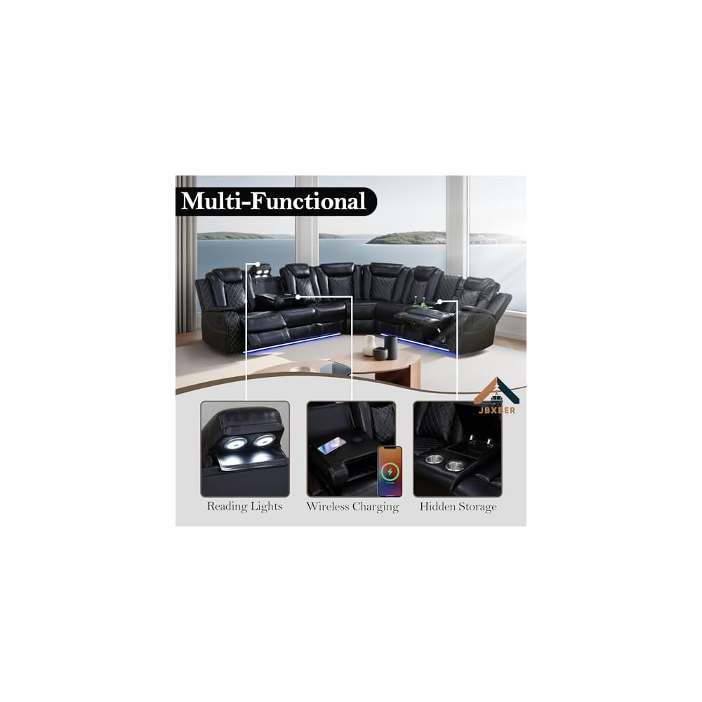Power Recliner Sectional Sofa Set for Living Room, Leather Recliner Sofa Sets, L-Shaped Corner Sectional Couch Sets with LED Lights, Console Storage(Sectional,Black)
