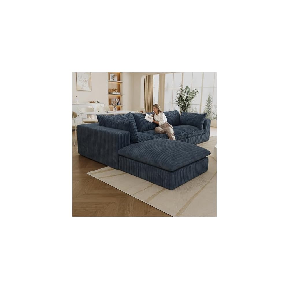 KEIKI 118.2" Oversized Cloud Sofa with Ottoman, Deep Seat Couch with 2 Pillows, DIY Combination Seat for Living Room, Bedroom,Conference Room,Apartment, Blue