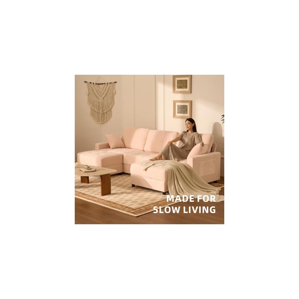 112" U Shaped Modular Cloud Sectional Couch, Waffle Fabric, Pink