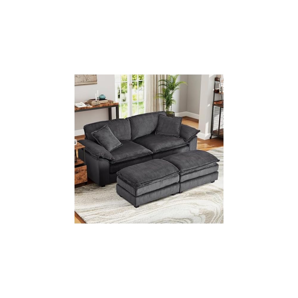 84.6'' Modular Sectional Sofa for Living Room, Comfy Corduroy Double Layer Upholstered Loveseat Sofa, Sleeper Sofa Cloud Couch with Moveable Ottoman, 2 Pillows and Detachable Armrest, Grey