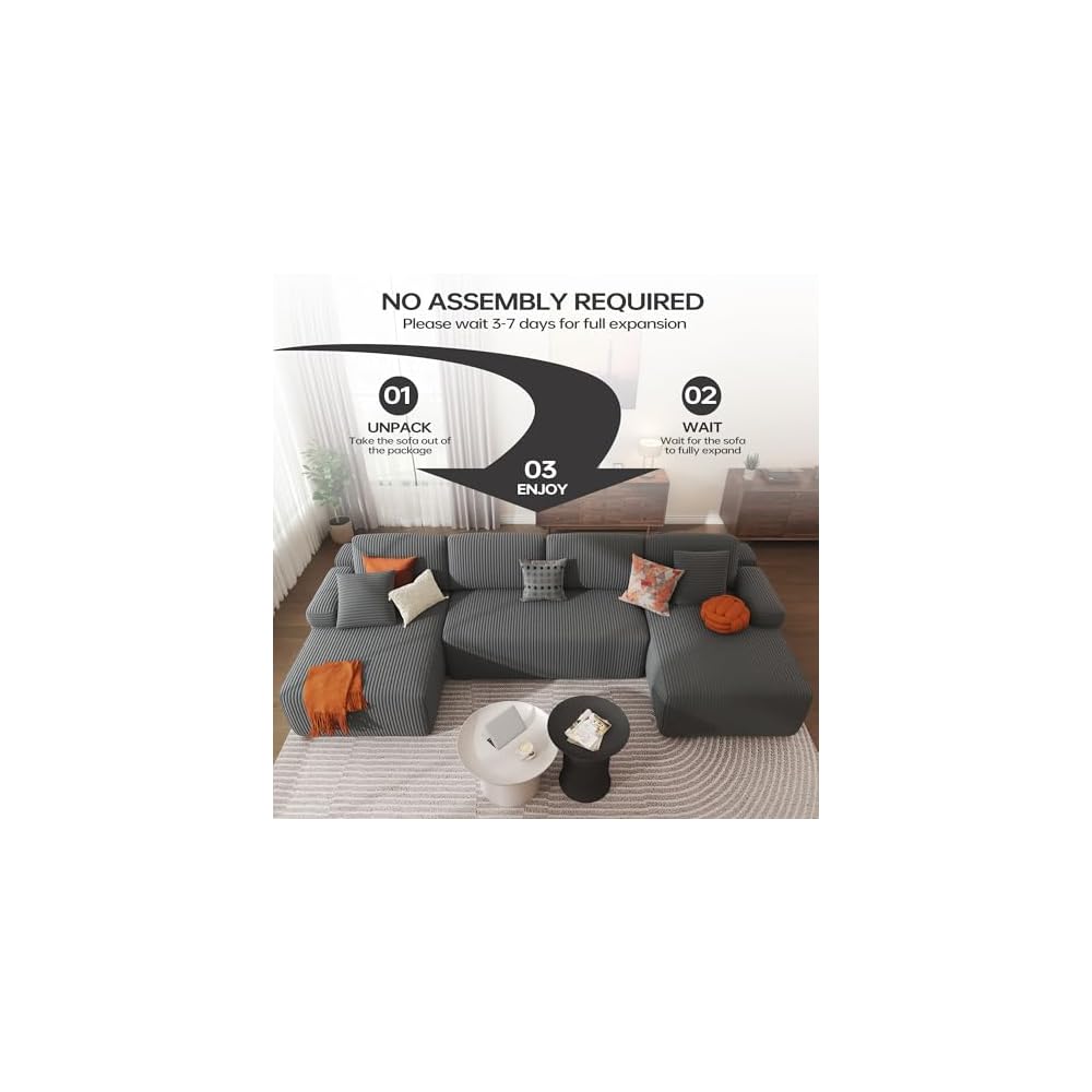 126" Boneless Sectional Couch, U-Shaped Modular Sofa with Chaise, Gray