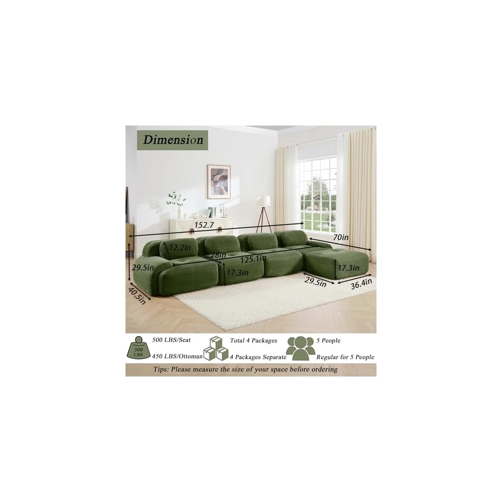 Modular Sectional Sofa Boneless Couch, Cloud Sectional Couches for Living Room, Oversized L Shaped Couch with Deep Seat and Ottoman, Comfy Corduroy Upholstery Green Couches, No Assembly(4S+1O)