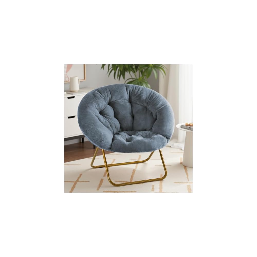 Sweetcrispy Saucer Chairs, Comfy Folding Cozy Faux Fur Living Room Reading Lounge Chair with Soft Thick Padded Seat & Metal Frame Modern Style Bedroom Home Dorm for Kids Adults, X-Large - Peach