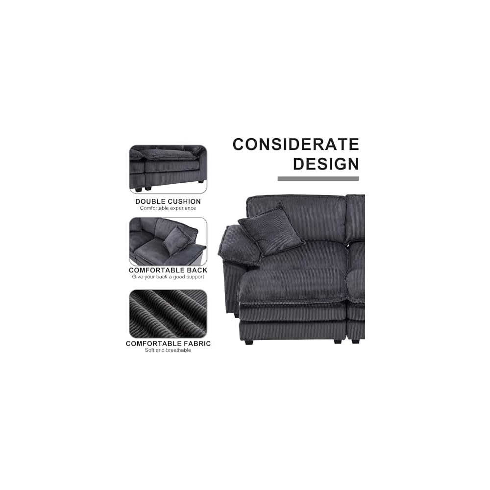84.6'' Modular Sectional Sofa for Living Room, Comfy Corduroy Double Layer Upholstered Loveseat Sofa, Sleeper Sofa Cloud Couch with Moveable Ottoman, 2 Pillows and Detachable Armrest, Grey