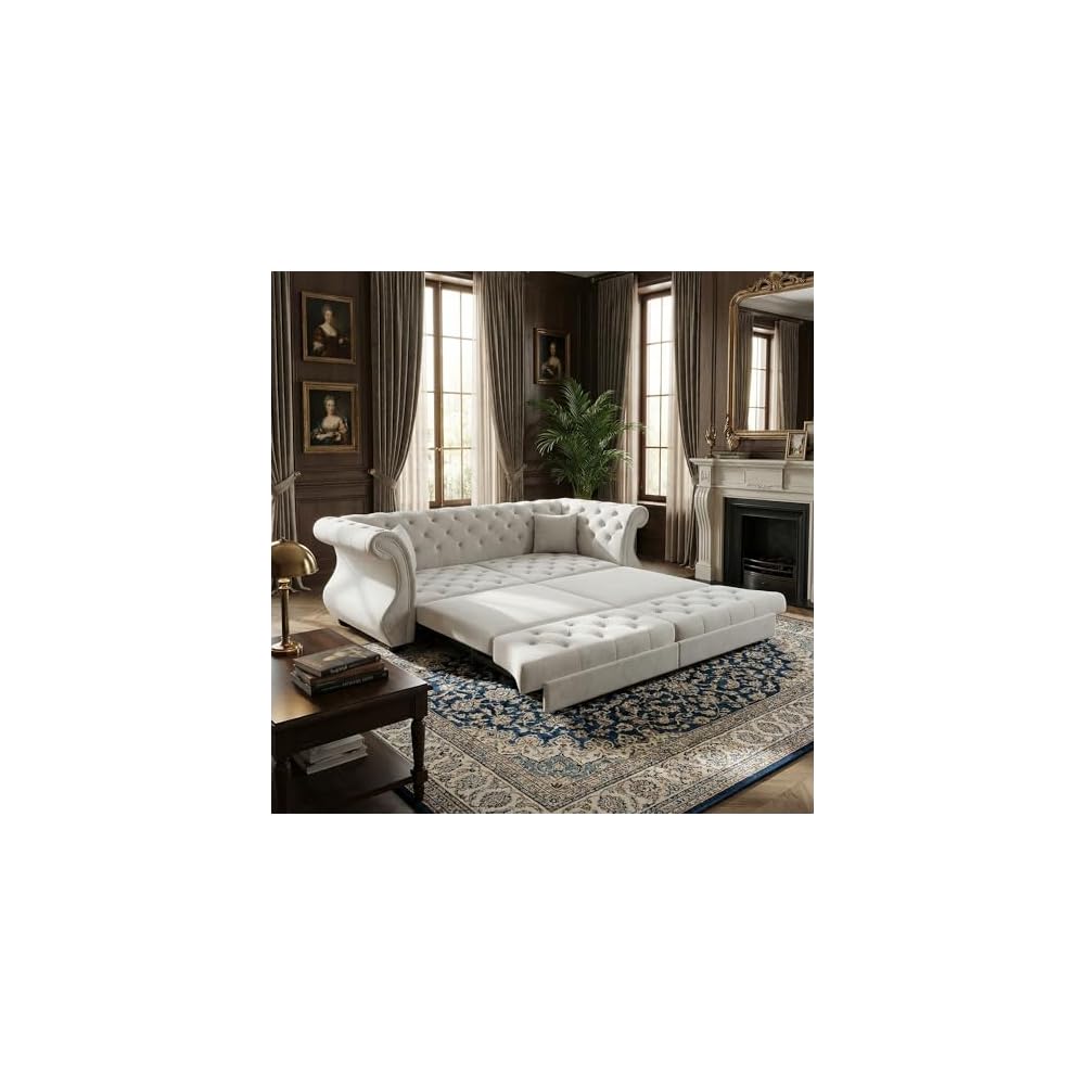 83.8" Queen Size Sleeper sofa bed, 3-in-1 Convertible Oversized Chesterfield Pull Out Couch, Roll Arm Velvet Couch with Flower Tufting, Upholstery for Living Room/Bedroom/Apartment, Light Grey