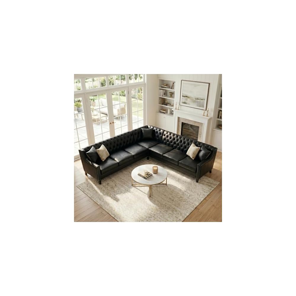 103" L-Shaped Sectional Sofa, Faux Leather Chesterfield Sofa, 6-Seat Black