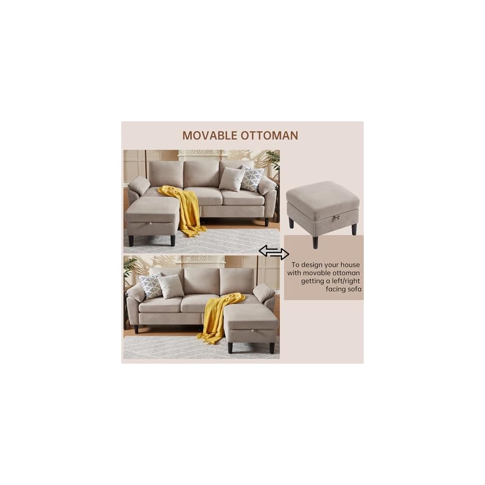Sectional Sofa for Living Room, 80" L Shaped 3 Seater Couch with Movable Storage Ottoman Armrest Pillows, Polyster Fabre Comfy Sofa for Small Spaces, Beige