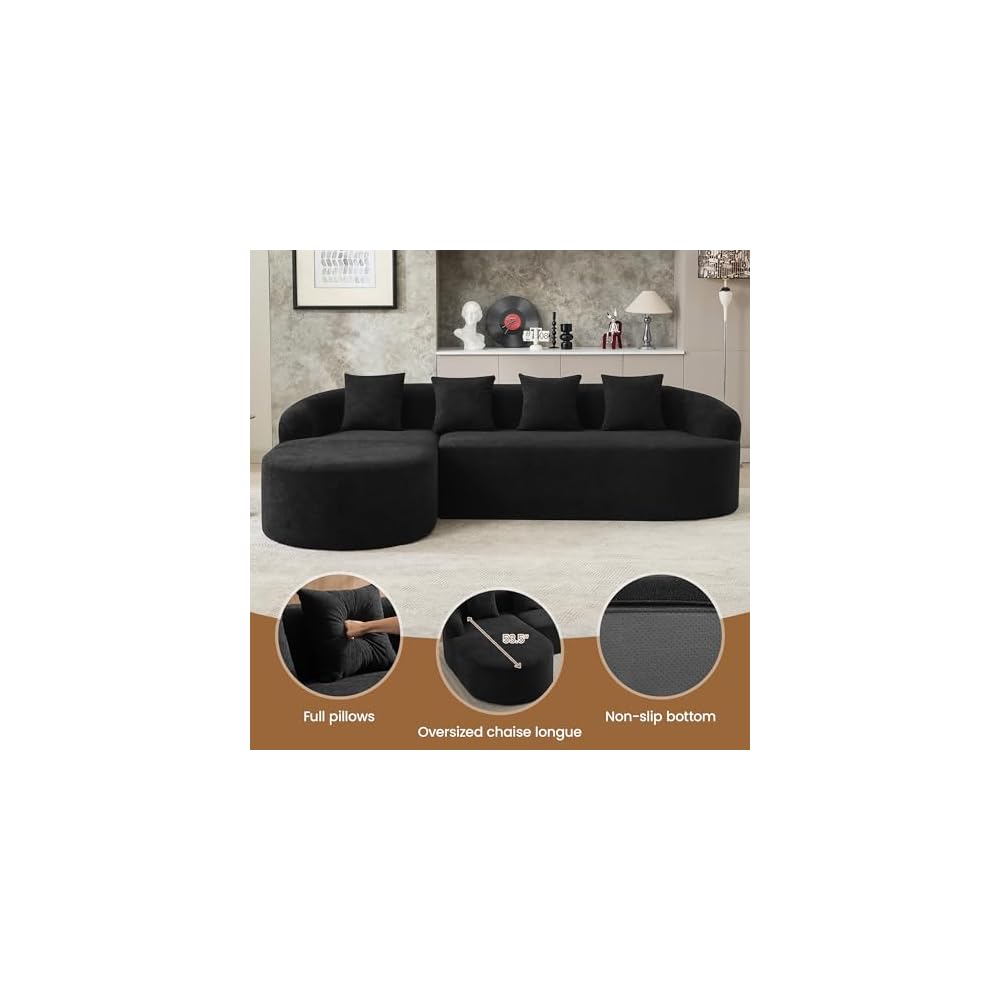 105" Boneless L Shaped Sectional Couch, Curved Cloud Deep Seat Sofa with Chaise Lounge, Oversized 4 Seater Couches for Living Room, No Assembly, Chenille Black