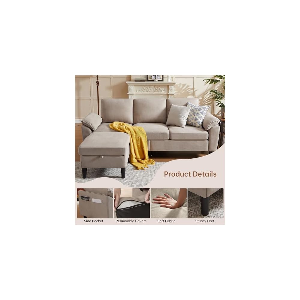 Sectional Sofa for Living Room, 80" L Shaped 3 Seater Couch with Movable Storage Ottoman Armrest Pillows, Polyster Fabre Comfy Sofa for Small Spaces, Beige