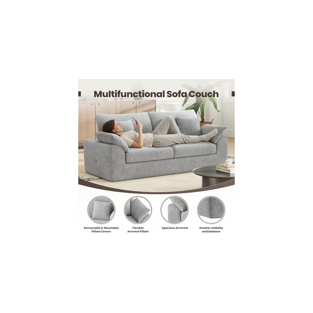 89.8" Cloud Boneless Sofa, Light Grey 2-Seater Loveseat Couch with 4 Pillows, Modern No Assembly Living Room Sofa for Small Spaces, Apartment, Bedroom