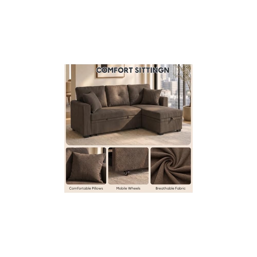 71" L-Shaped Couch with Pull-Out Bed, Linen-Look Fabric, Brown