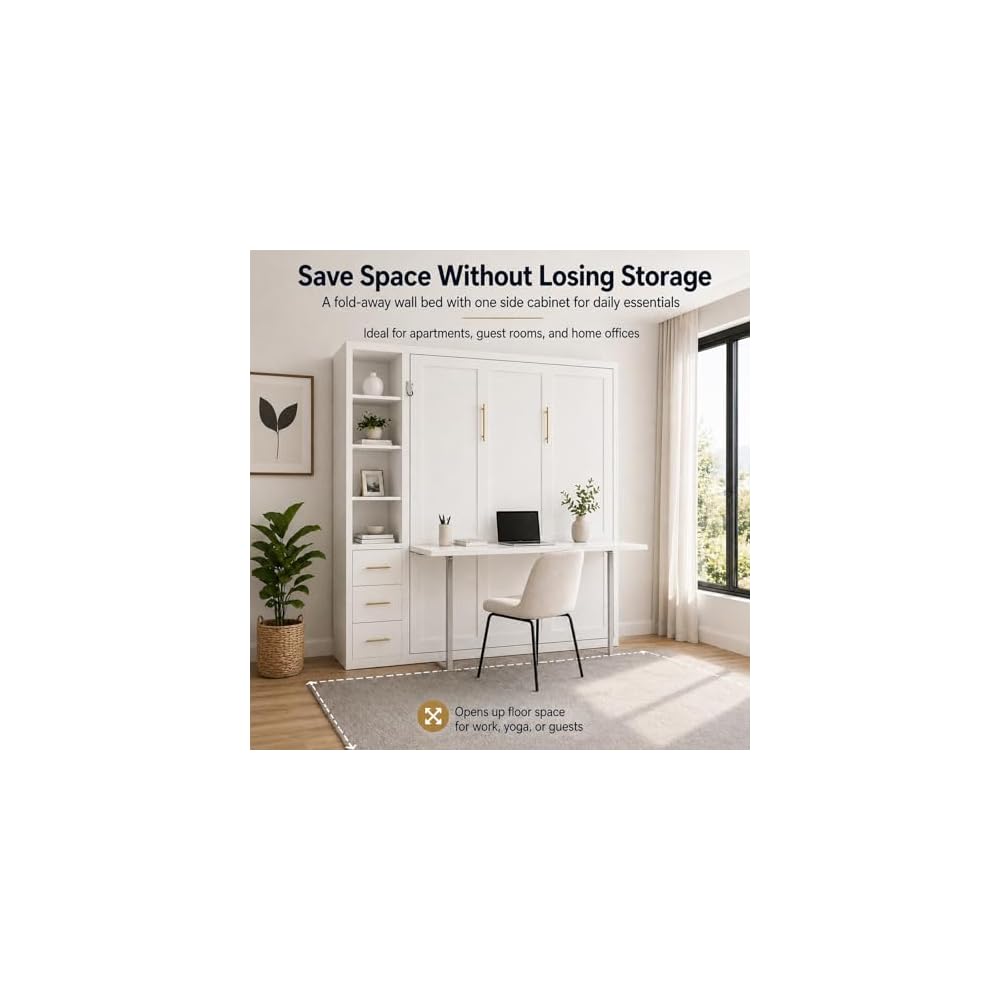 Queen Size Murphy Bed with Desk and Single Side Cabinet, White Wall Bed with Bookcase Shelves, 3 Drawers, Automatic Legs, Hydraulic Assist, Space Saving Bed for Bedroom,Guest Room,Home Office