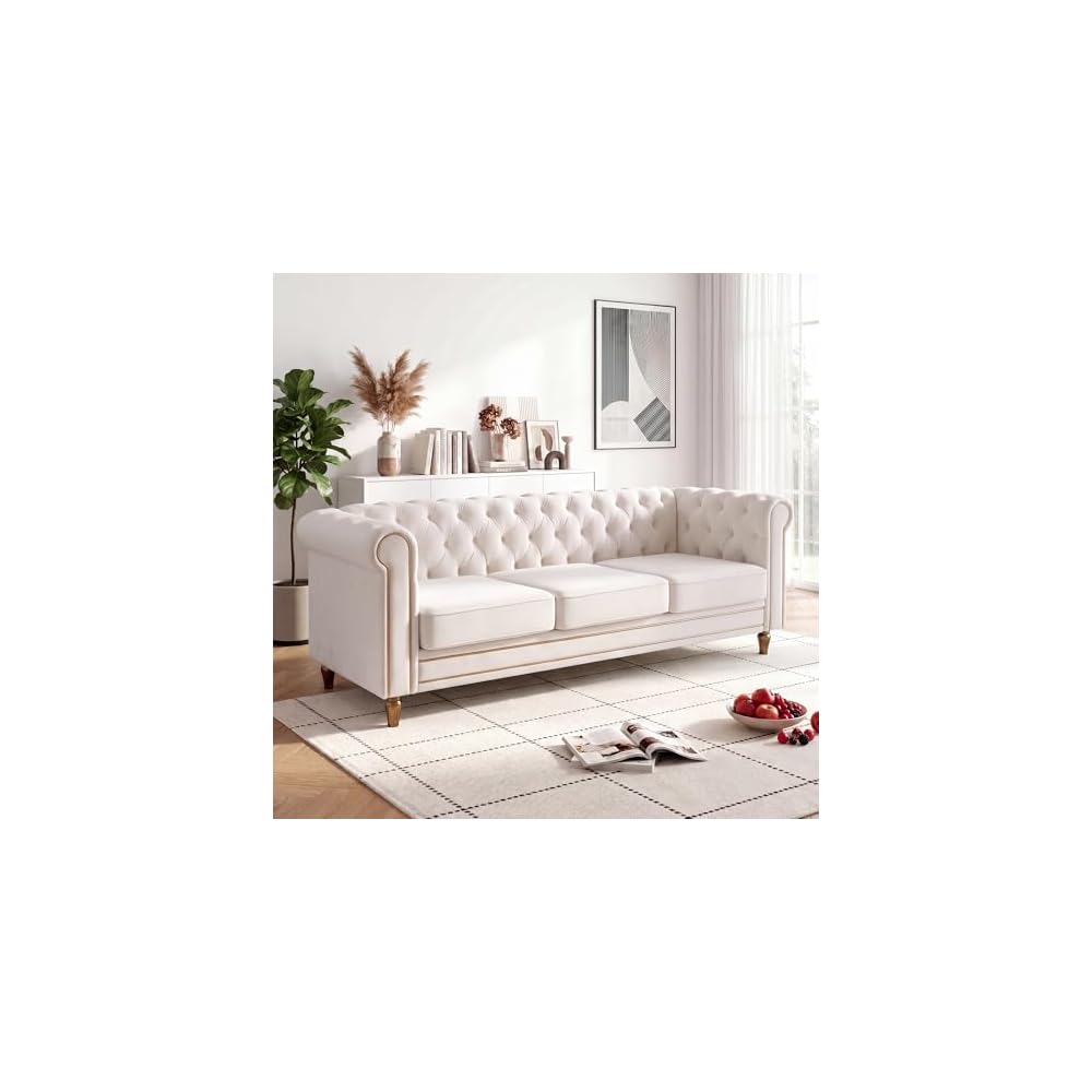 84'' Velvet Chesterfield Sofa,3 Seater Mid-Century Modern Couch,Beige