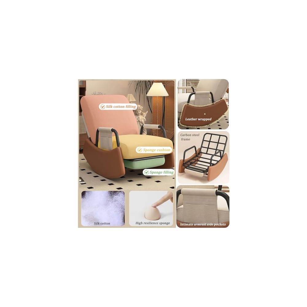 Rocking Chair with Retractable Footrest, Adjustable Backrest, Upholstered Rocker Chair with Side Pocket, Nursery Relax Armchair, Modern Leisure Recliner, for Bedroom, Living Room (Color :
