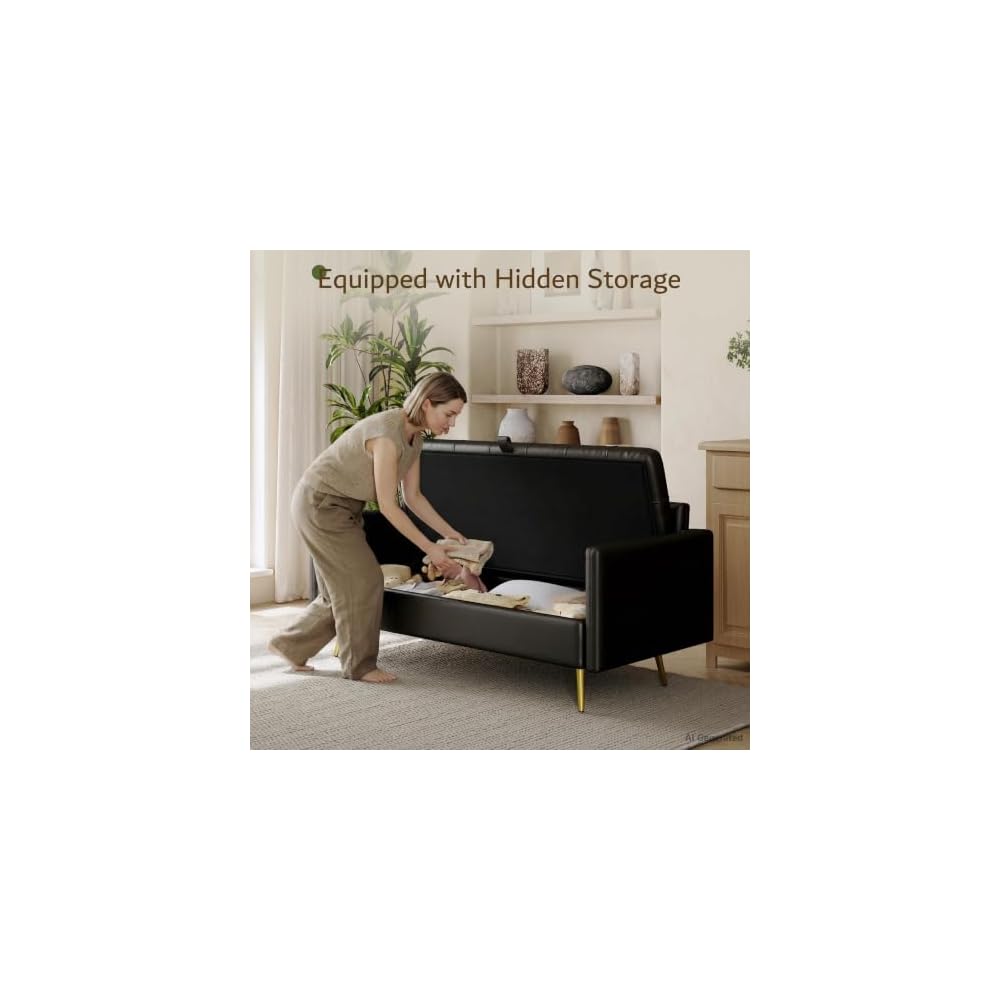 Mid Century Modern 60 In Black Loveseat Storage Sofa 2 Seat With USB Ports