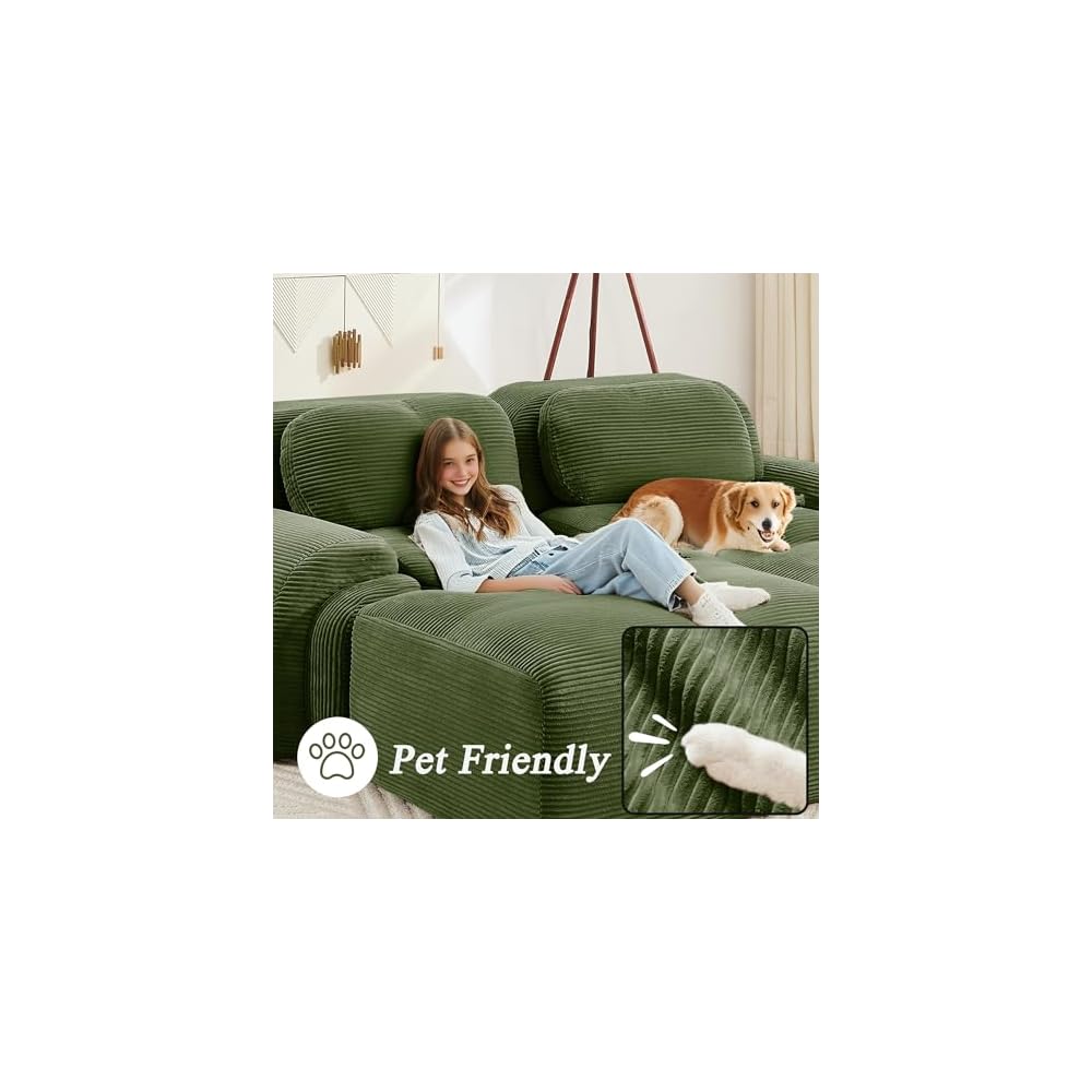 Modular Sectional Sofa Boneless Couch, Cloud Sectional Couches for Living Room, Oversized L Shaped Couch with Deep Seat and Ottoman, Comfy Corduroy Upholstery Green Couches, No Assembly(4S+1O)
