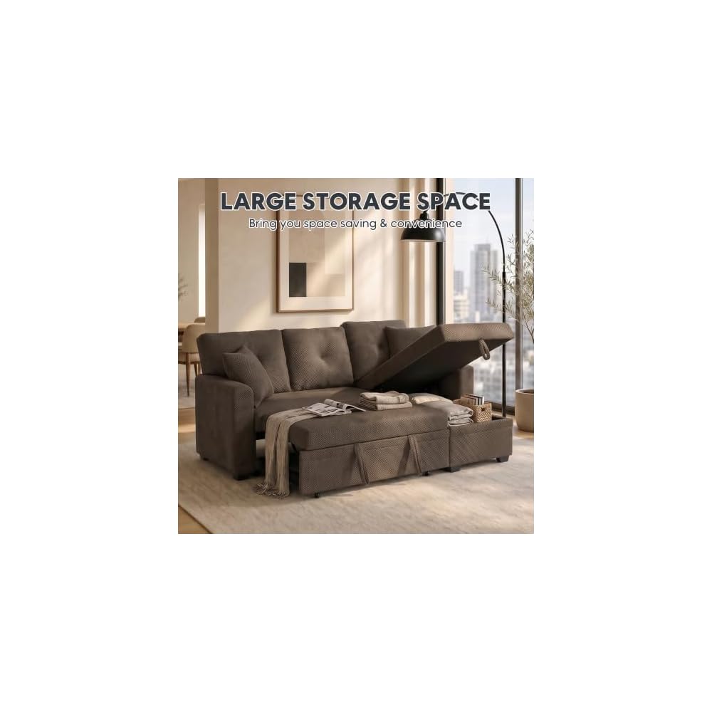 71" L-Shaped Couch with Pull-Out Bed, Linen-Look Fabric, Brown