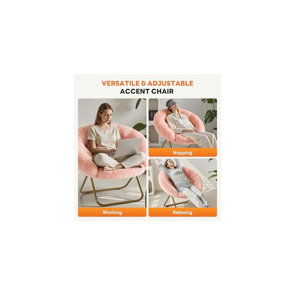 Sweetcrispy Saucer Chairs, Comfy Folding Cozy Faux Fur Living Room Reading Lounge Chair with Soft Thick Padded Seat & Metal Frame Modern Style Bedroom Home Dorm for Kids Adults, X-Large - Peach