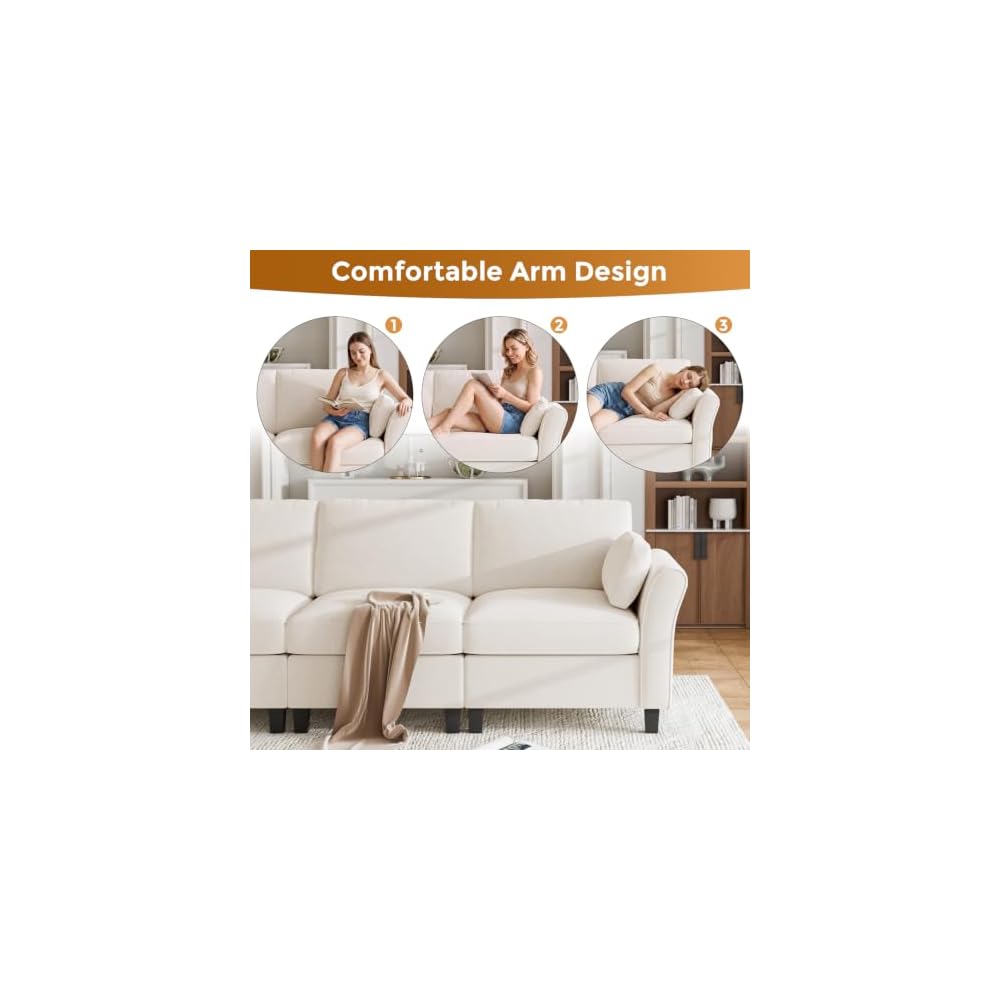 Legend Vansen Modular Sectional Sofa, 6‑Seat Comfy U‑Shaped Sectional Couch with Storage Space and Chaise, Convertible Sectional Couches for Living Room,Sofas Set with Curved Armrests,Cream