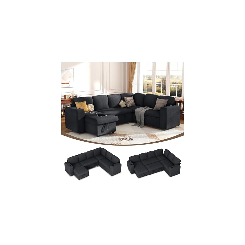 wanan Sectional Sleeper Sofa with Pull Out Couch Bed, 7 Seats Modular U Shaped Cloud Couch with Storage Chaise, Dual Arm Storage & USB Charging, Adjustable Backrest Sofa, Dark Grey Cashmere Wool
