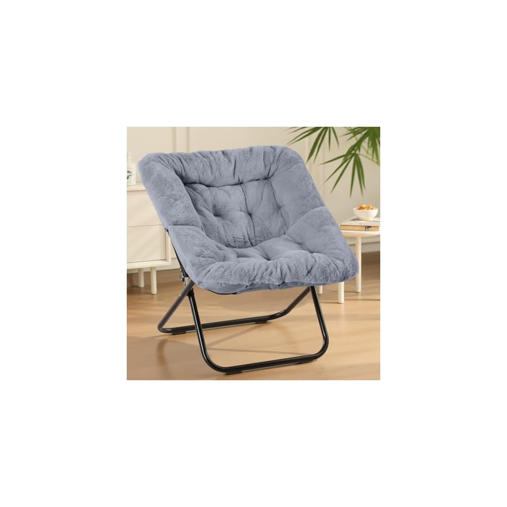 Sweetcrispy Saucer Chairs, Comfy Folding Cozy Faux Fur Living Room Reading Lounge Chair with Soft Thick Padded Seat & Metal Frame Modern Style Bedroom Home Dorm for Kids Adults, X-Large - Peach