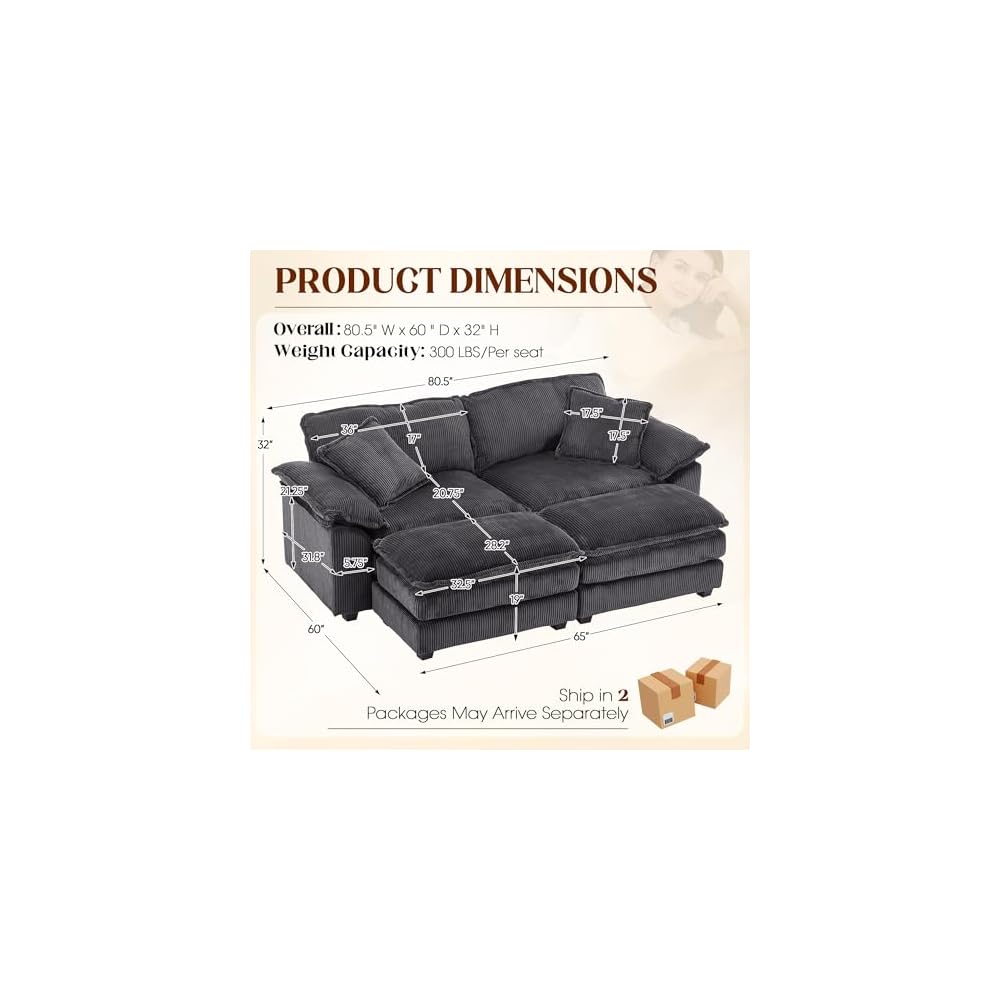 84.6'' Modular Sectional Sofa for Living Room, Comfy Corduroy Double Layer Upholstered Loveseat Sofa, Sleeper Sofa Cloud Couch with Moveable Ottoman, 2 Pillows and Detachable Armrest, Grey